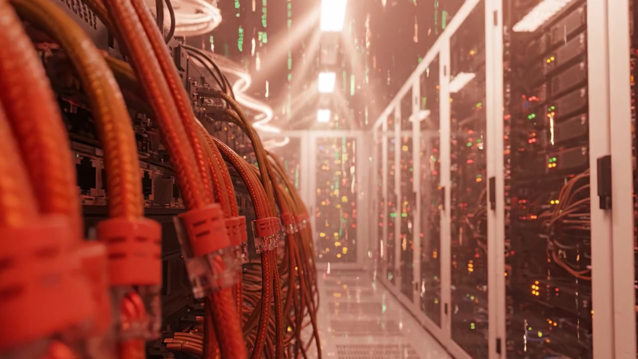 A Detailed View of Computer Data Cables in a Modern Server Room with Glowing Network Equipment and Organized Connections for Enhanced Data Management