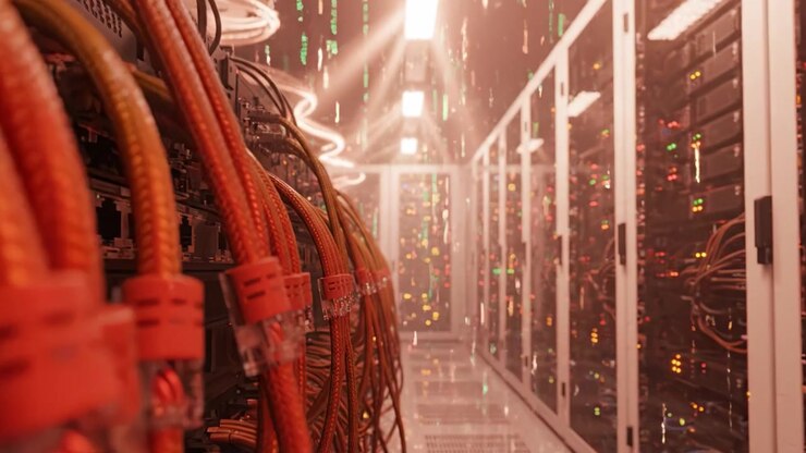 A Detailed View of Computer Data Cables in a Modern Server Room with Glowing Network Equipment and Organized Connections for Enhanced Data Management