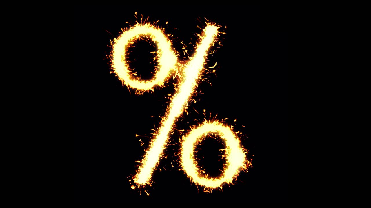 Percentage text sparkler writing with glitter sparks particles firework on black 4k loop background
