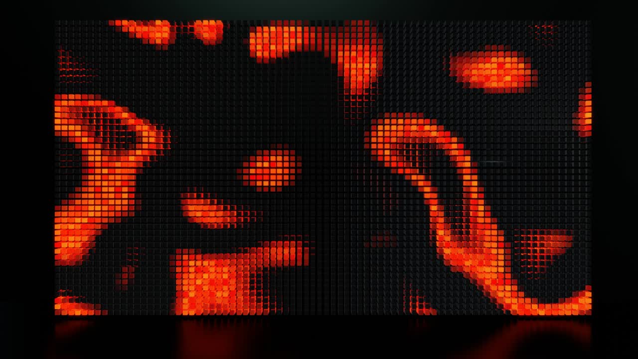 las ondas corren a través de píxeles. 3d abstracto fondo en bucle rendimiento moderno, muchos bloques grises forman pared o pantalla y se encienden patrón. bombillas comienzan a brillar patrón de formación naranja como guirnalda abstracta