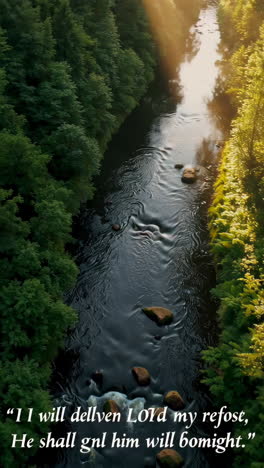 tranquil river in a lush forest with inspirational quotes
