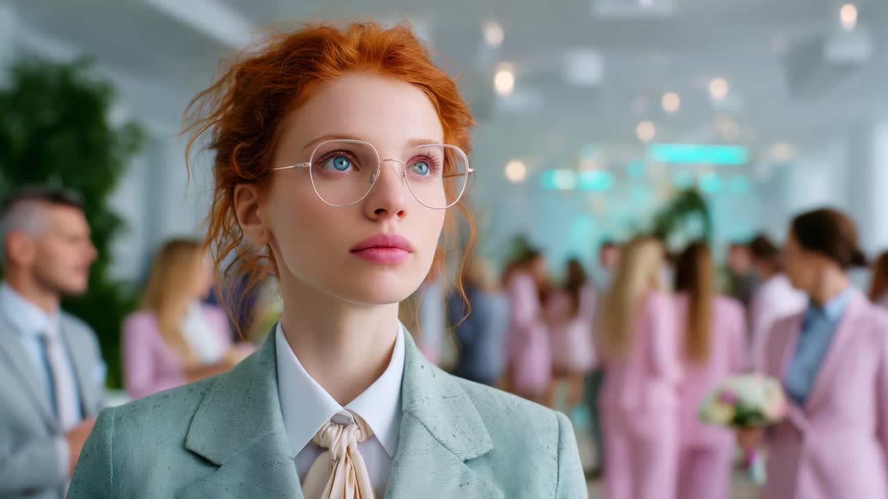 A Thoughtful Portrait of a Young Woman with Red Hair and Glasses, Capturing a Moment of Reflection Amidst a Social Gathering in a Stylish, Brightly Lit Venue