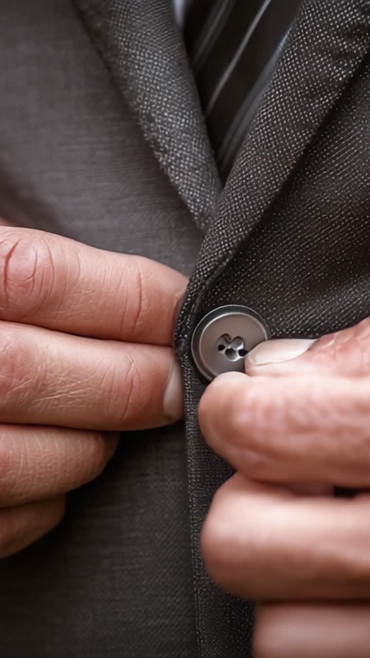 Tampilan Close-Up Kancing Jaket Setelan yang Sedang Dikancingkan, Memamerkan Kain Bertekstur dan Detail Jahitan Cermat yang Mendefinisikan Pilihan Pakaian Formal yang Elegan.