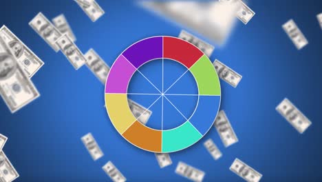 billetes de dólar voladores detrás de una rueda de colores