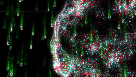 animation of digital data processing binary coding over floating mesh on black background