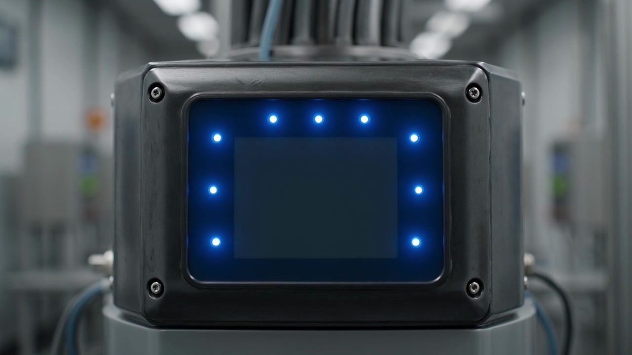 Dispositivo tecnológico con luces LED azules activándose alrededor de una pantalla en blanco