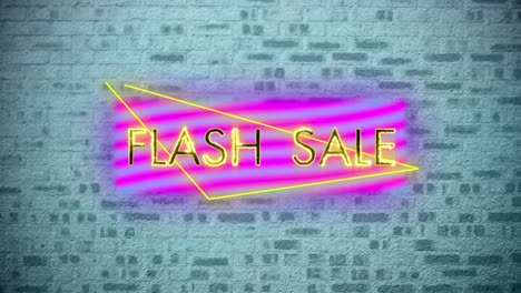 Digital-animation-of-flash-sale-text-on-neon-triangle-shape-against-grey-brick-wall-in-background