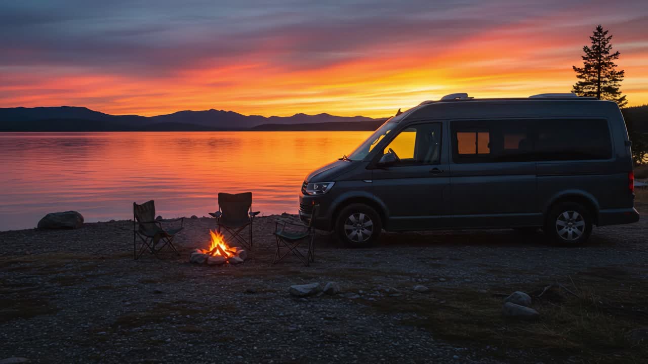 A serene evening by the lakeside with a camper van, chairs, and a crackling campfire illuminating the colorful sunset sky, creating a tranquil retreat in nature