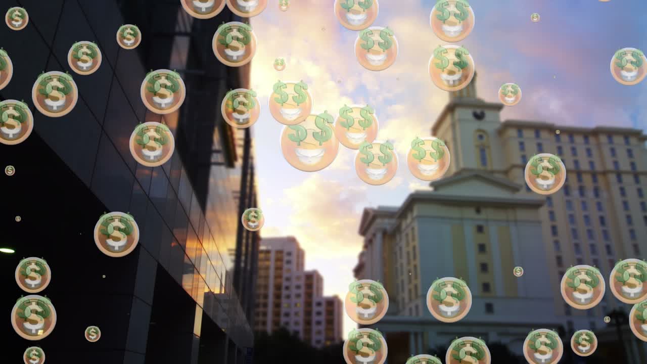 Animazione di emoji con occhi a dollaro multipli sullo sfondo di grattacieli