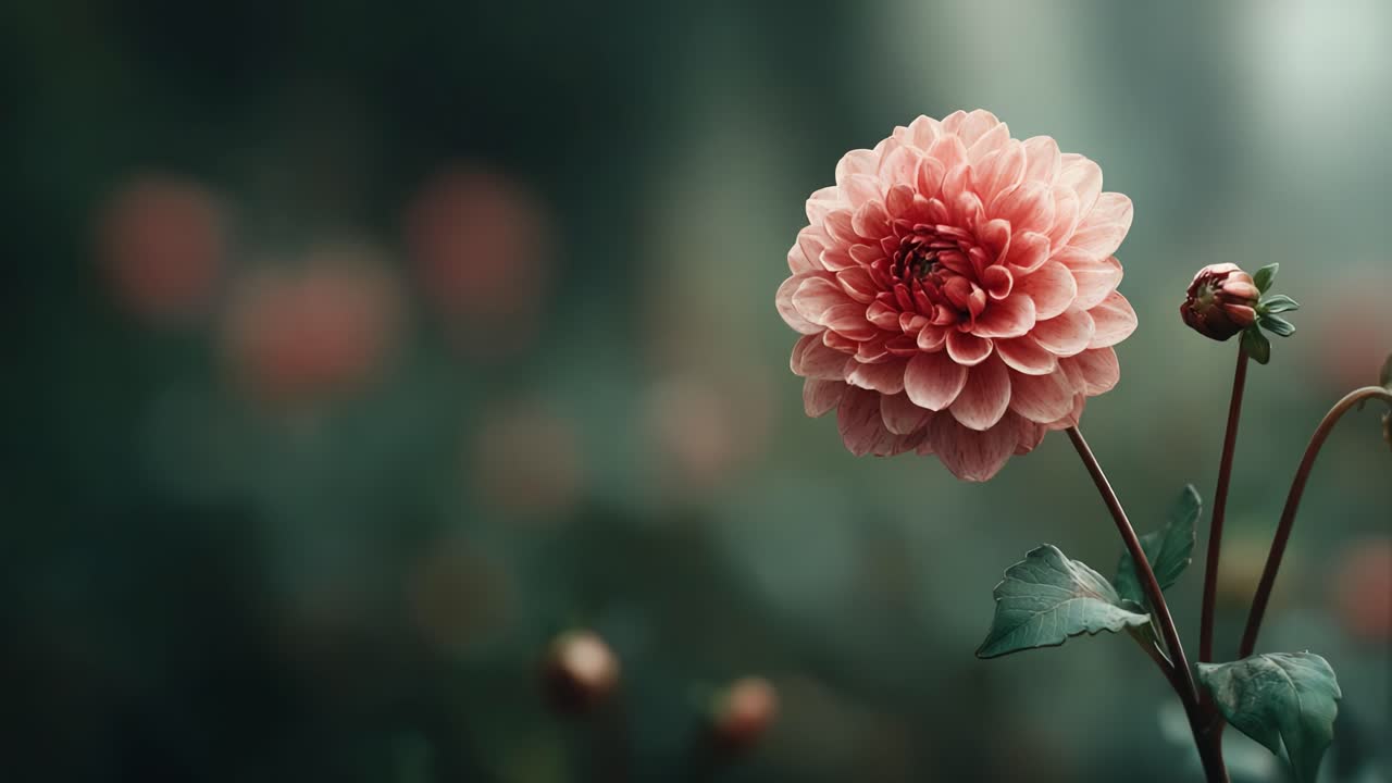 Tampilan close-up bunga dahlia merah muda yang mekar menampilkan kelopak rumit dan warna cerahnya, dikelilingi oleh latar belakang hijau yang diburamkan dengan lembut untuk komposisi bunga yang tenang