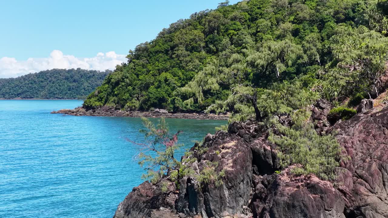 Drone captures vibrant greenery and clear waters along Port Douglas coastline under bright sunlight