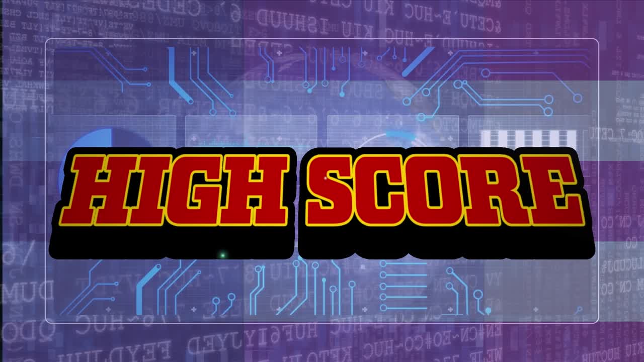 Animation of high score over violet background with globe and data processing