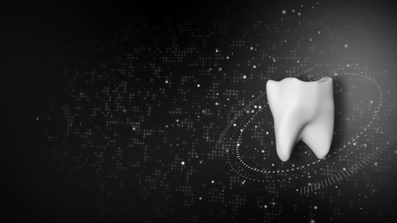 3d model of white tooth rotating on black background with glowing particles. Looped dental animation.