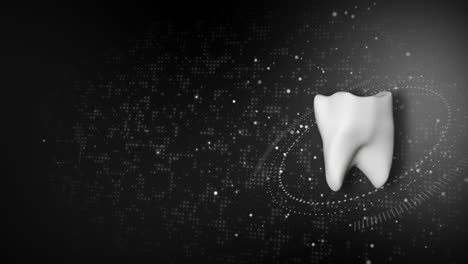3d model of white tooth rotating on black background with glowing particles. looped dental animation.