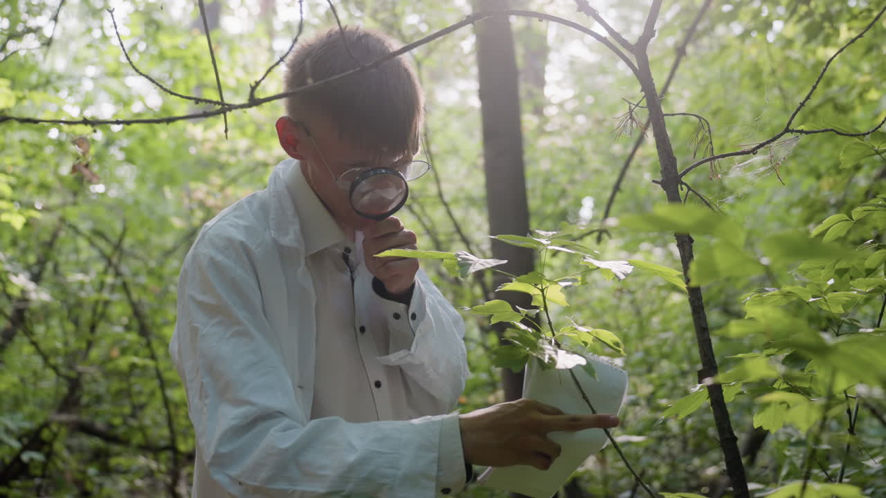 Young man in white coat using microscope and jotter to observe leaves in forest, focusing on ecological details and scientific study under bright sunlight in woodland environment