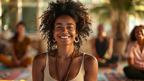 smiling woman with curly hair and friends in a bright setting