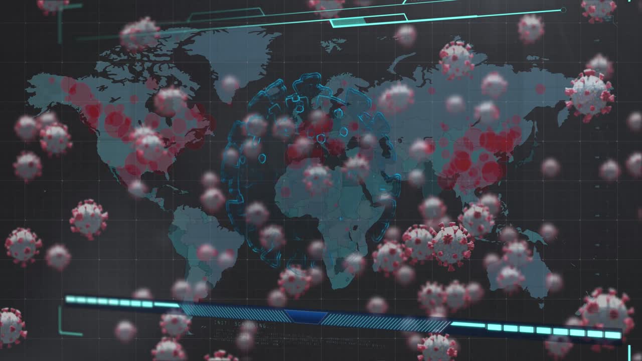 Animação de células de COVID-19 na tela sobre mapa-múndi