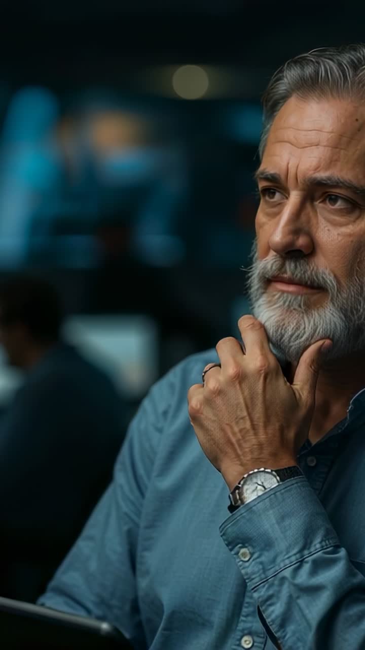 Vertical video: Man in blue shirt noticing alert and scanning monitors in control room, copy space