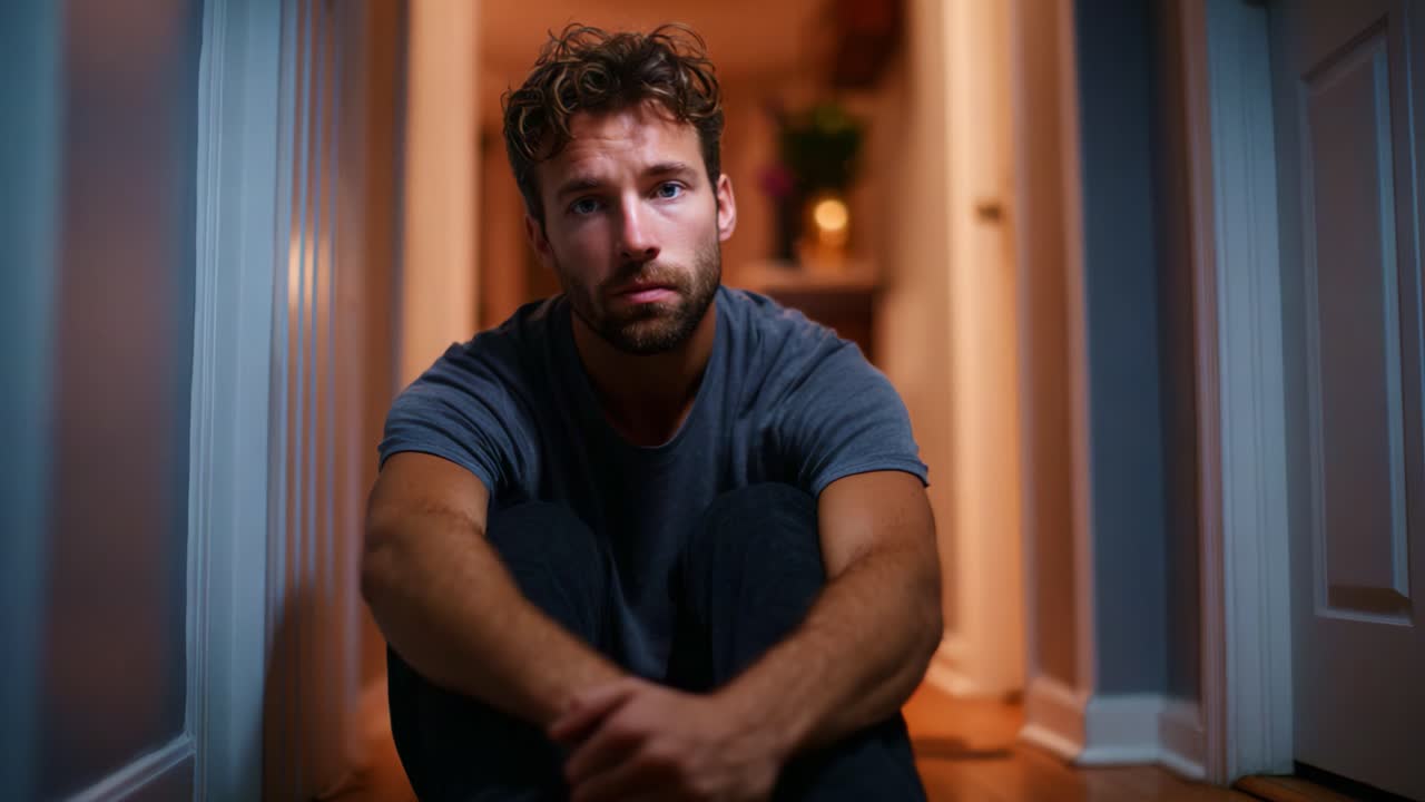 Un momento introspettivo: un uomo pensieroso è seduto da solo in un corridoio scarsamente illuminato, catturando un senso di riflessione e vulnerabilità nella vita di tutti i giorni