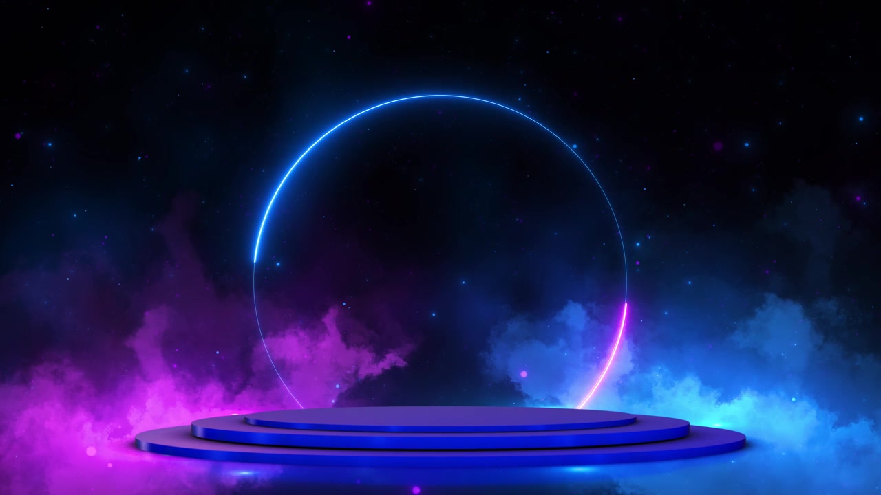 Neon kosmisk podiebaggrund med lysende blå og pink ring, røgfyldt rumatmosfære og stjernepartikler