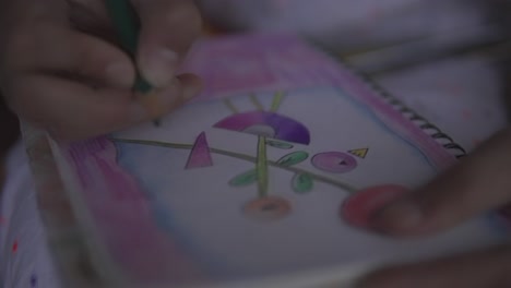 Cinematic-Close-up-of-Art-of-young-woman-drawing-an-ecological-image-sketch-of-flowers-on-a-paper-notepad