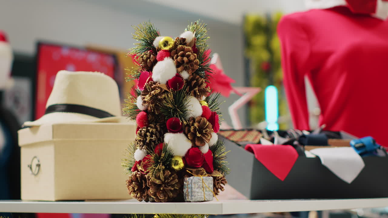 fotografía de cerca de las decoraciones navideñas festivas en la tienda de ropa durante la temporada de vacaciones de invierno. exhibición de adornos navideños, guirnaldas y ropa de vestimenta formal en la boutique de moda