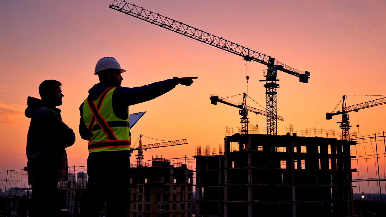 Construction workers overlooking a building site with cranes at sunset