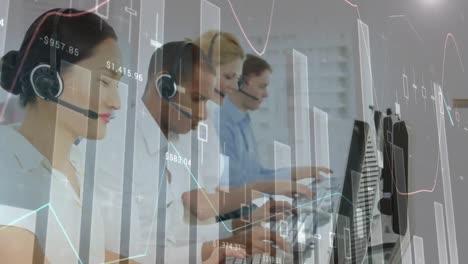 animazione delle statistiche e dell'elaborazione dei dati su uomini d'affari che indossano cuffie