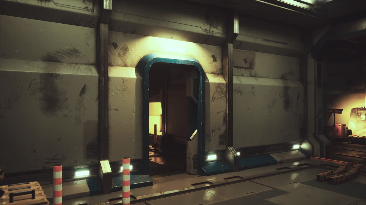 Laboratory entrance with dim lighting and worn walls in a futuristic setting