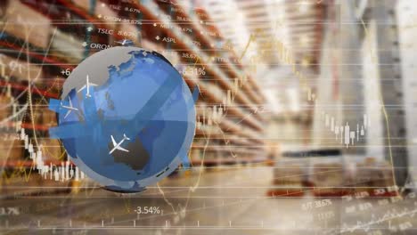 animación del globo y procesamiento de datos financieros sobre el almacén