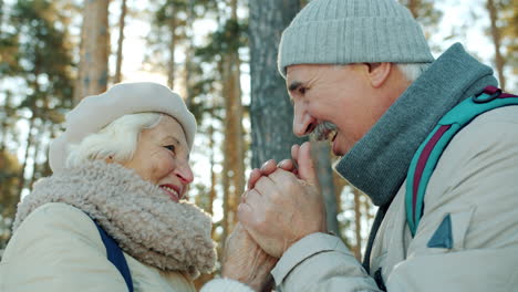senior couple holding hands in a winter forest