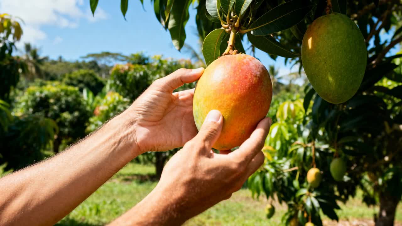 Avambracci nudi che entrano da sinistra, che afferrano un mango maturo in un frutteto, valutandone la maturazione