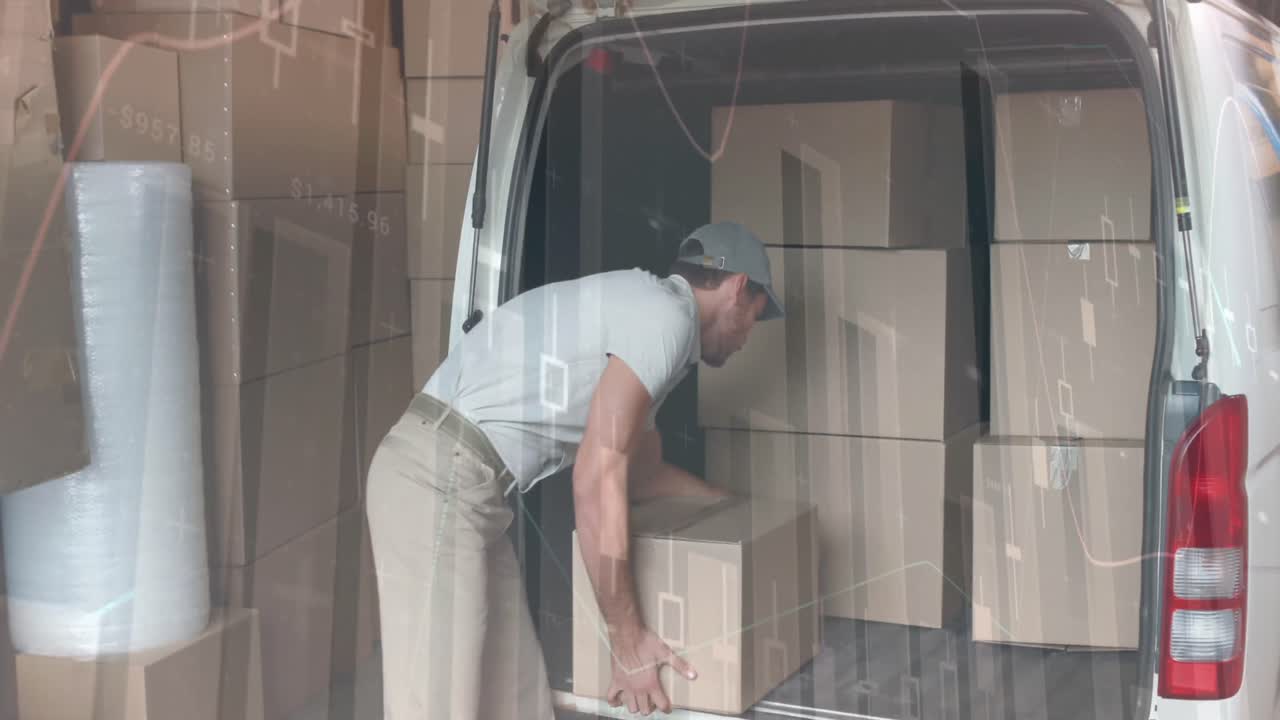 animación de estadísticas y procesamiento de datos financieros sobre el repartidor y la furgoneta