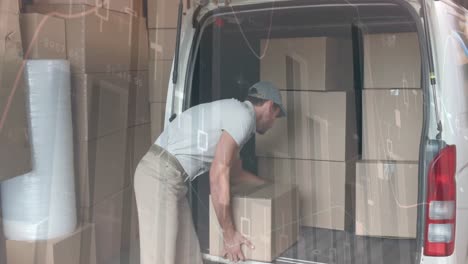Animation of statistics and financial data processing over delivery man and van