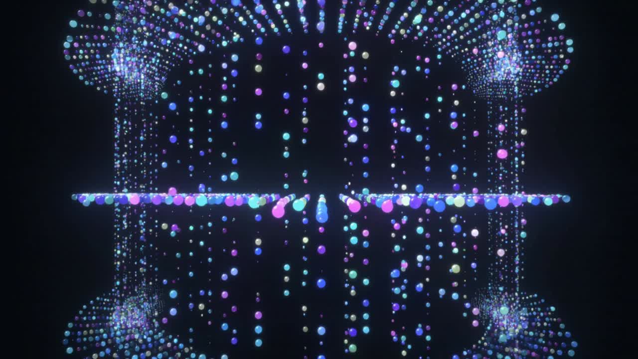 Starting particle sculpture in dark void forming expanding ring, creating void with glowing spheres