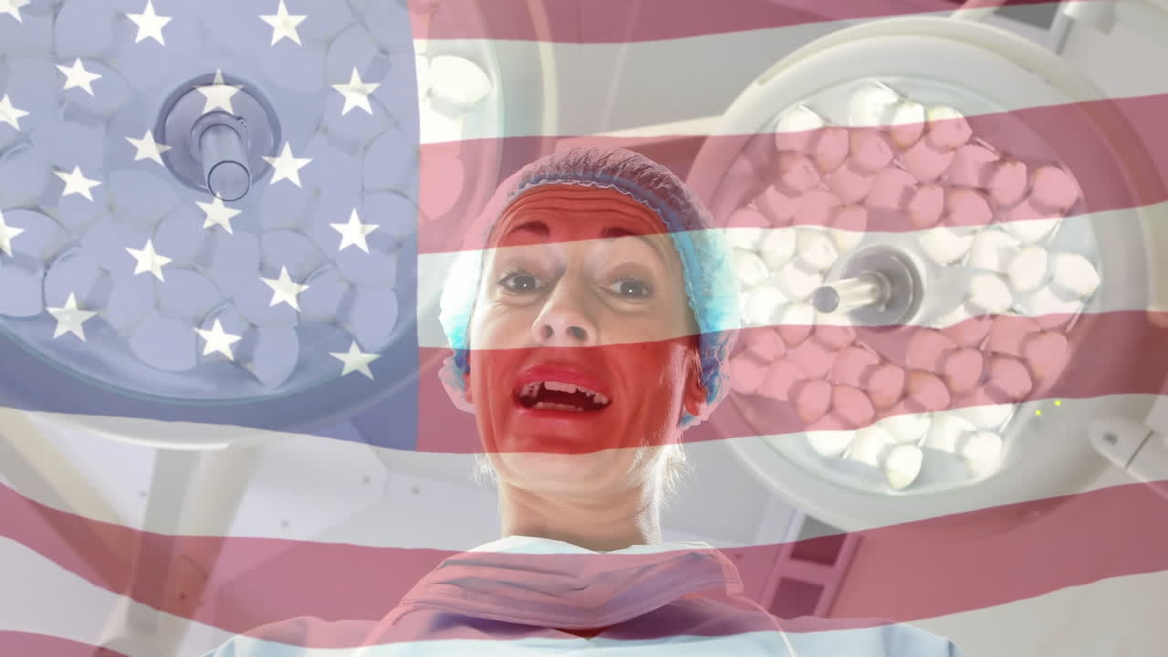 수술실에서 마취과 의사 위에 흔들리는 미국 국기의 애니메이션