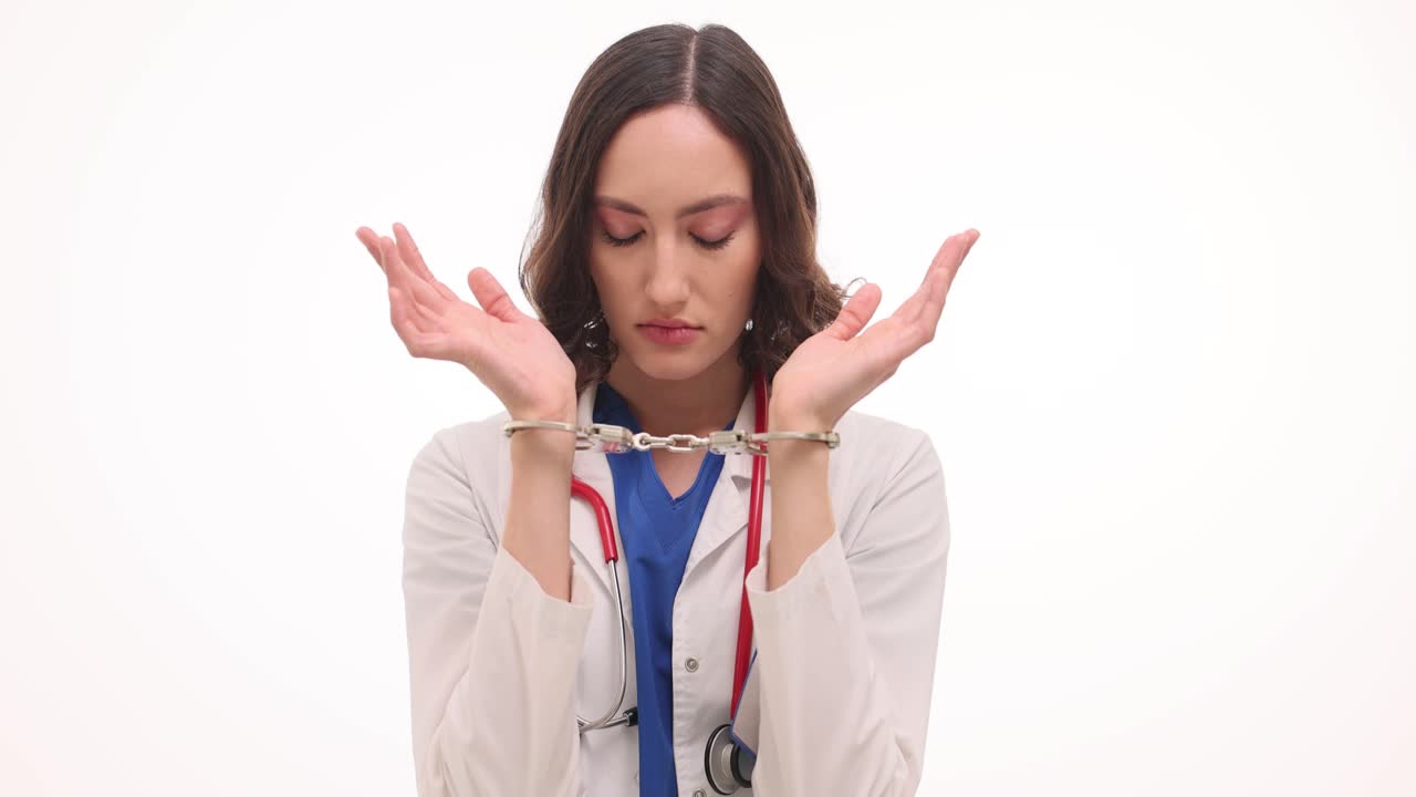 A female doctor in a white coat and stethoscope is handcuffed