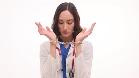a female doctor in a white coat and stethoscope is handcuffed