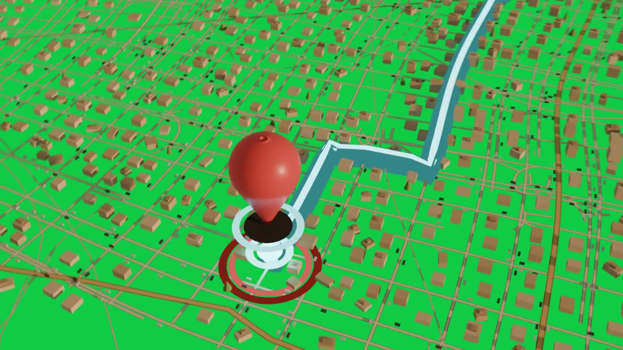 Pin appearing, 3D map zooming, route highlighting, marking destination, transparent background