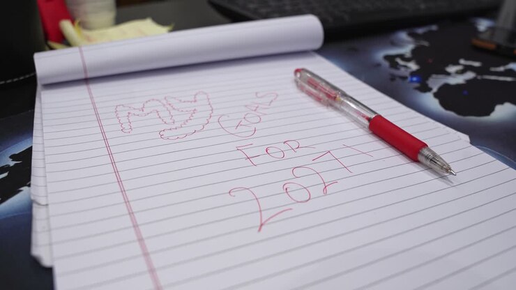 Close-up of a lined notebook showing handwritten goals for 2027 with a red pen on a desk, capturing personal planning, goal setting, and organized future preparation indoors