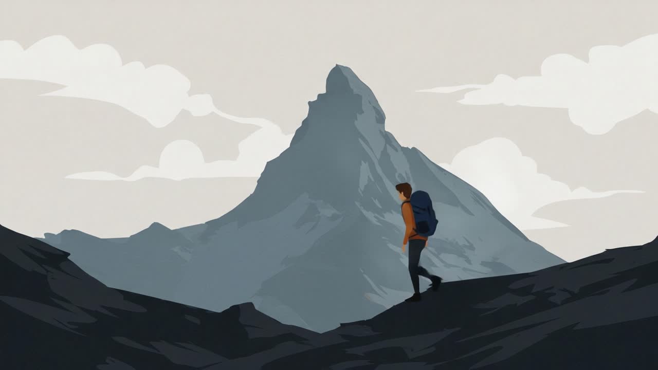A determined hiker explores a rugged mountain landscape, embodying the spirit of adventure against the backdrop of a majestic peak under a cloudy sky