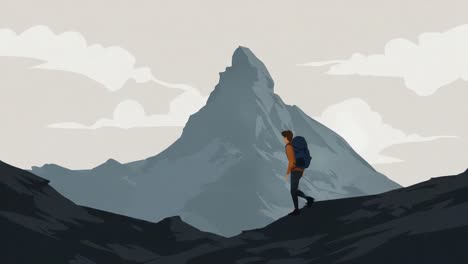 a determined hiker explores a rugged mountain landscape, embodying the spirit of adventure against the backdrop of a majestic peak under a cloudy sky