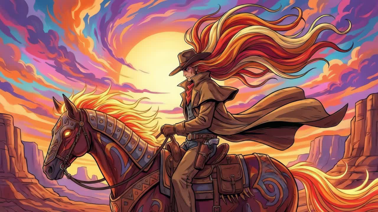 A cowboy riding a fiery horse in a desert landscape