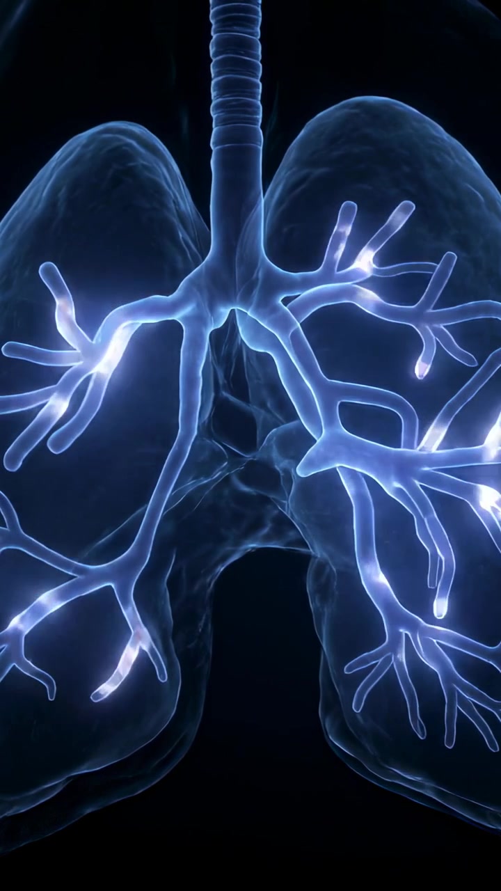 Video verticale: Che mostra i bronchi polmonari che pulsano da nodi centrali e luci in movimento in vista frontale.