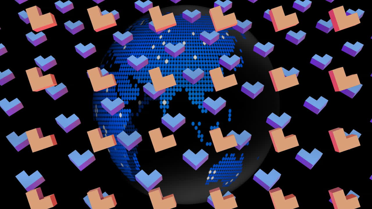 Animation of floating geometric shapes around digital globe with blue continents