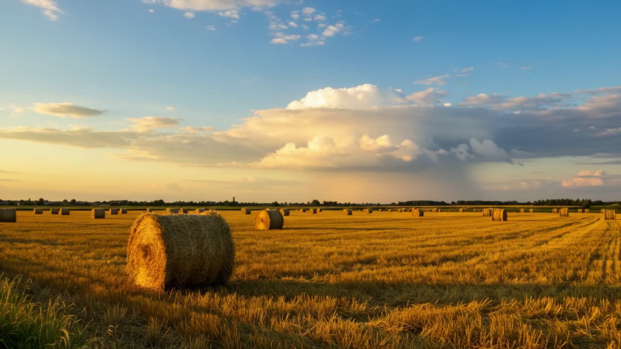A picturesque landscape showcasing golden hay bales under a vibrant sky, characterized by dramatic clouds and the warm glow of a setting sun illuminating the sprawling fields