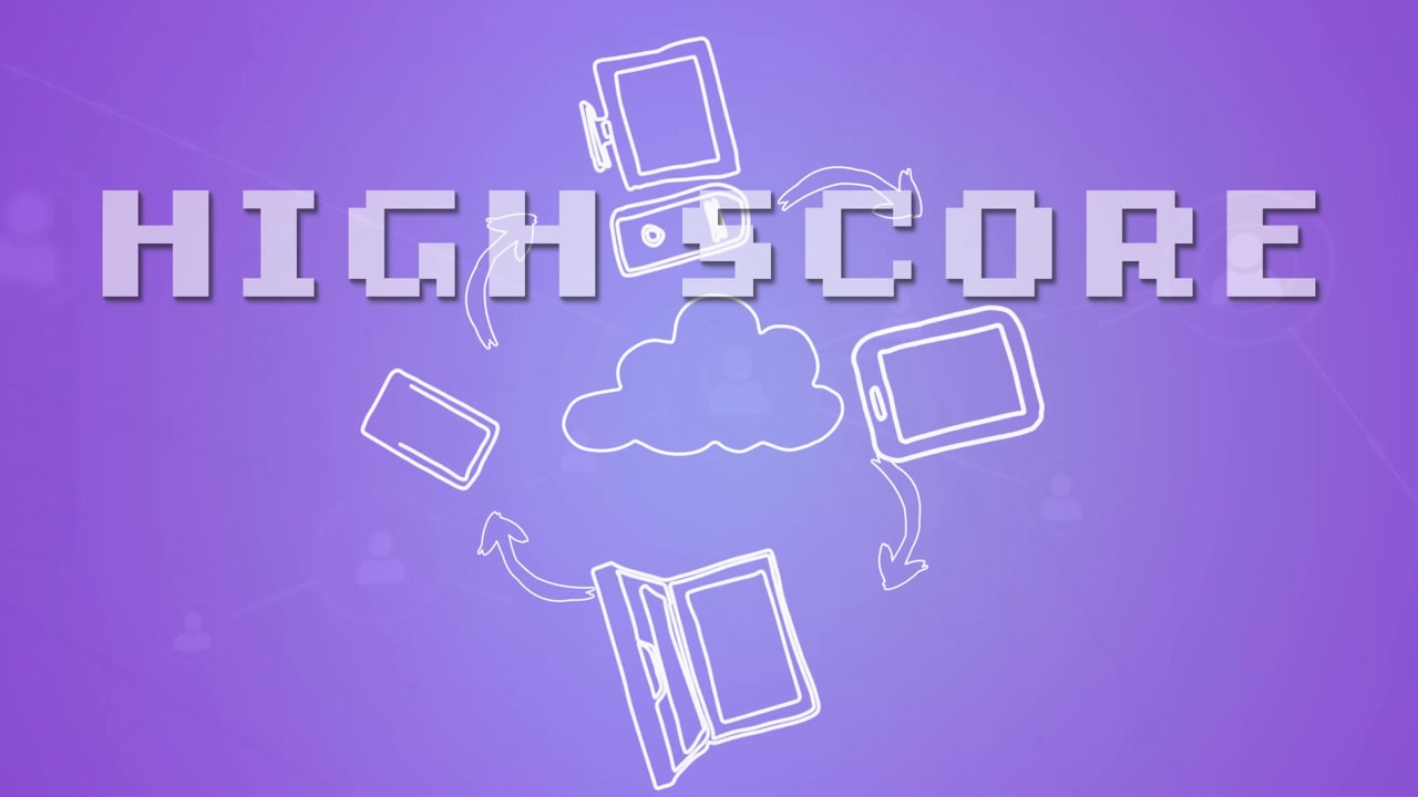 Animation of high score text and network of profile icons against digital icons on purple background