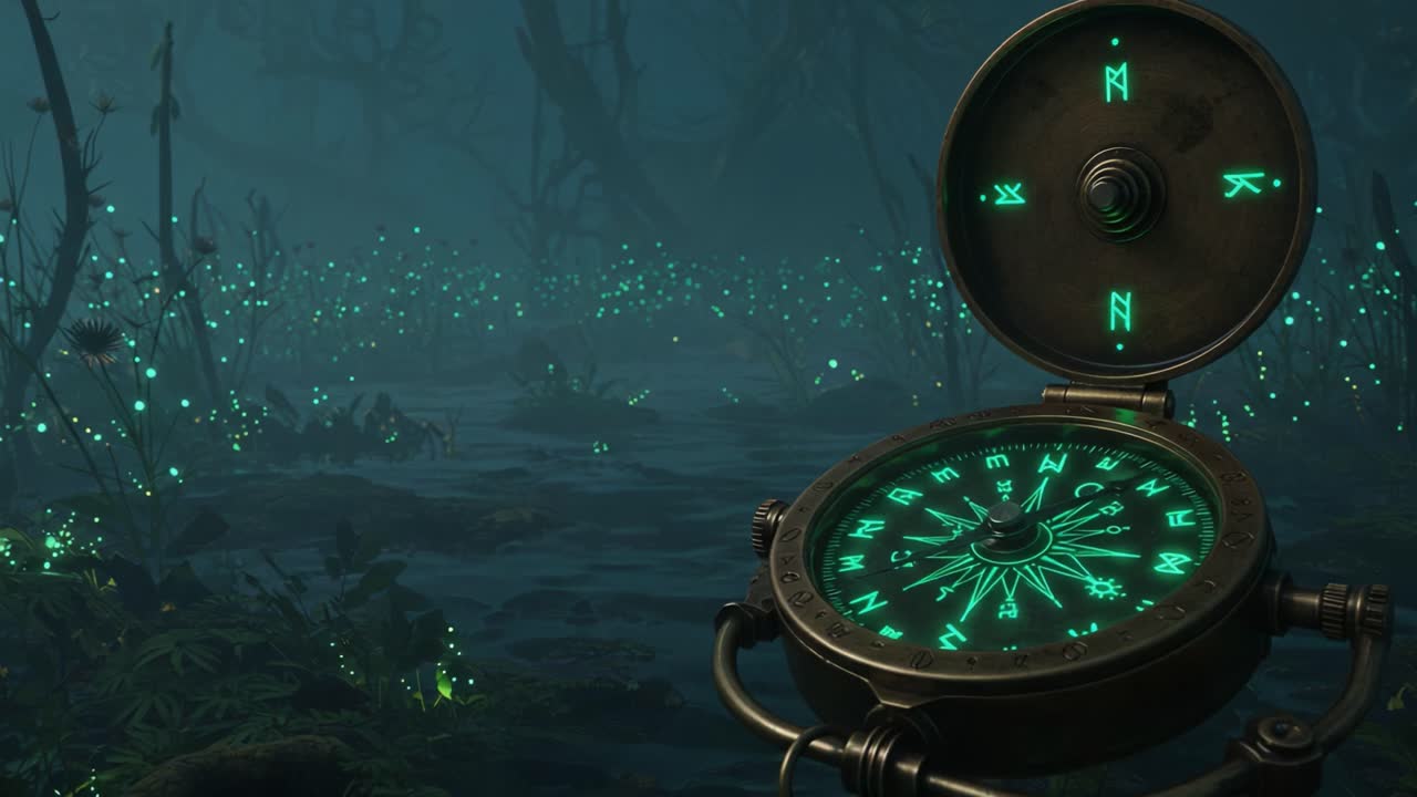 A Mysterious Compass Illuminated in a Foggy Marsh, Guiding Explorers Through Enigmatic Waters with Glowing Signals in the Distant Shadows