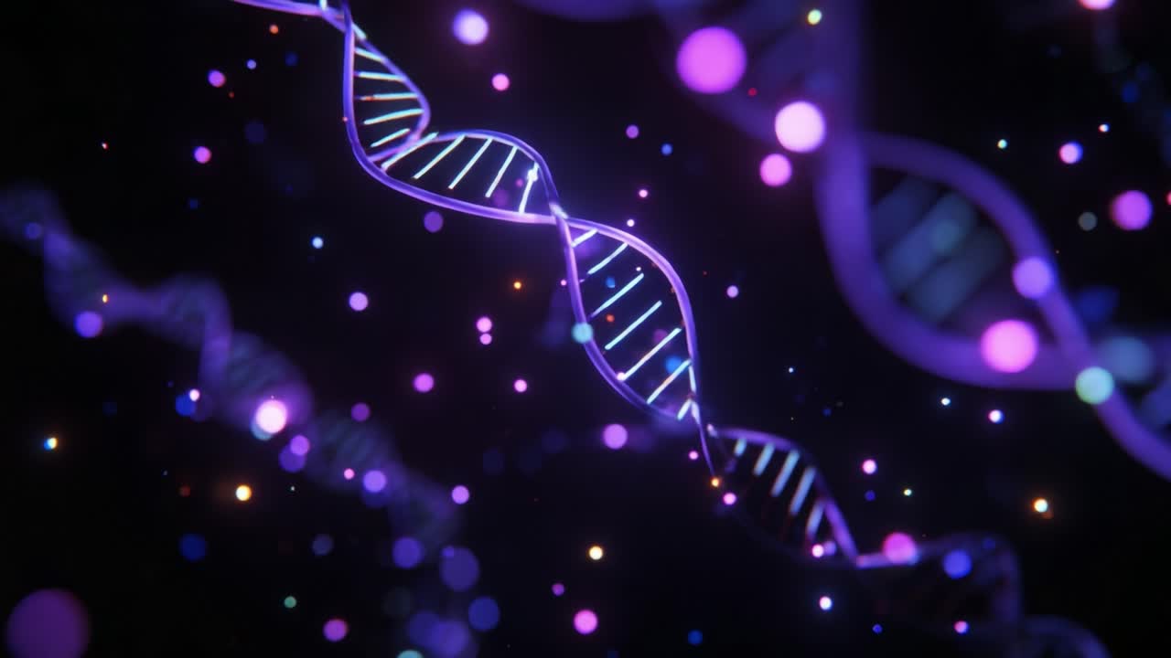 Futuristic rotating DNA double helix amid glowing neon particles, sci tech molecular scene evoking genetics, biotechnology, genome research and cosmic molecular evolution