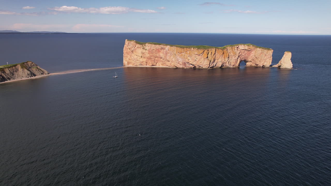 Aerial approach of Rock Perc&eacute; Gasp&eacute;sie Qu&eacute;bec